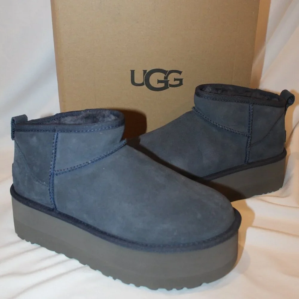 NIB UGG WOMEN'S ULTRA MINI PLATFORM‎ SUEDE SHEARLING LINED ANKLE BOOTS NAVY BLUE